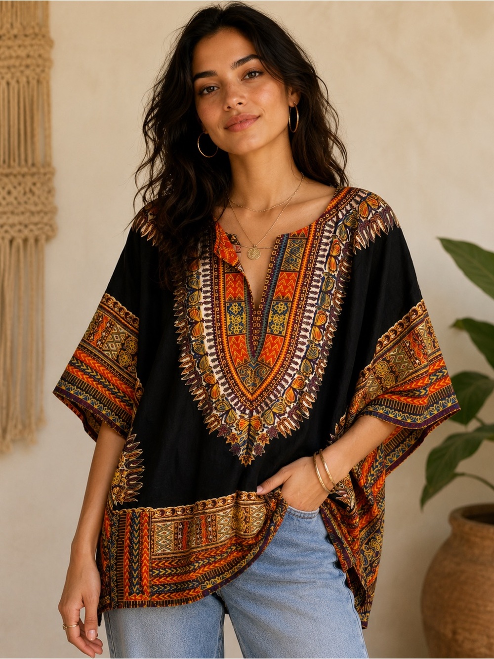 Vintage 70’s Boho Black Dashiki African Tunic Top 100% Cotton Gauzy Size S